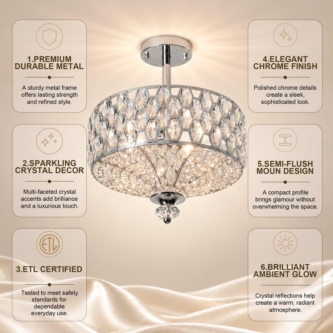 14" 3-Light Polished Brass Drum Semi-Flush Mount Ceiling Light with Crystal Accents for Living Room & Bedroom #19241