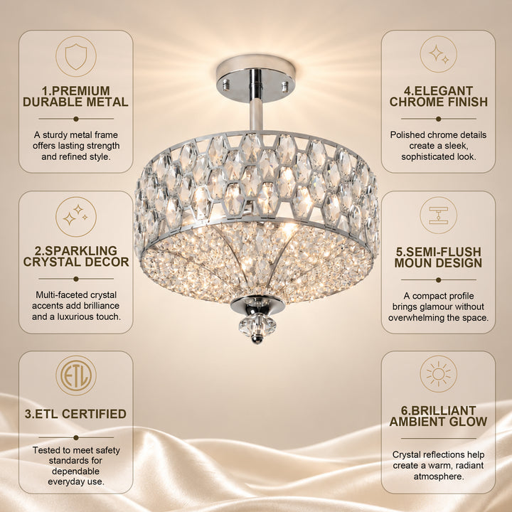 14" 3-Light Polished Brass Drum Semi-Flush Mount Ceiling Light with Crystal Accents for Living Room & Bedroom #19241