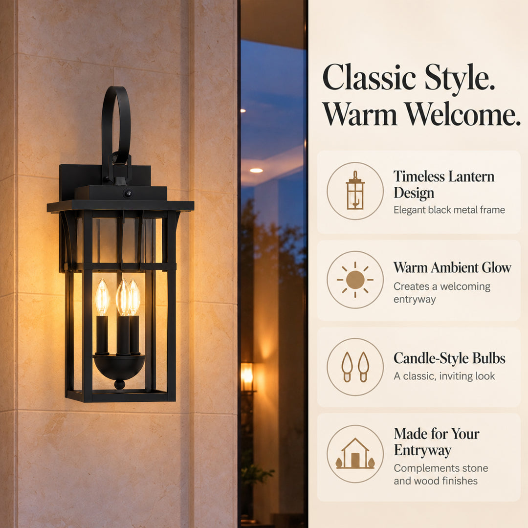 19.7" 2-Light Farmhouse Outdoor Wall Sconce with Dusk to Dawn Photocell, Weatherproof Matte Black Frame &amp; Clear Tempered Glass 