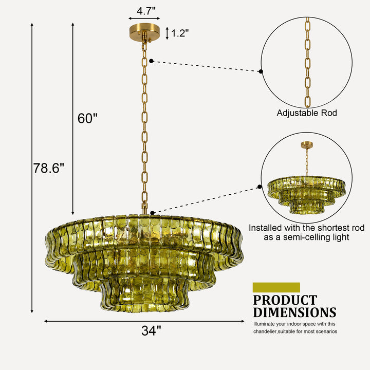Lumen 9-Light 32"W Polished Brass Modern Tired Chandelier with Hand-Blown Amber Glass for Dining Room or Living Room 