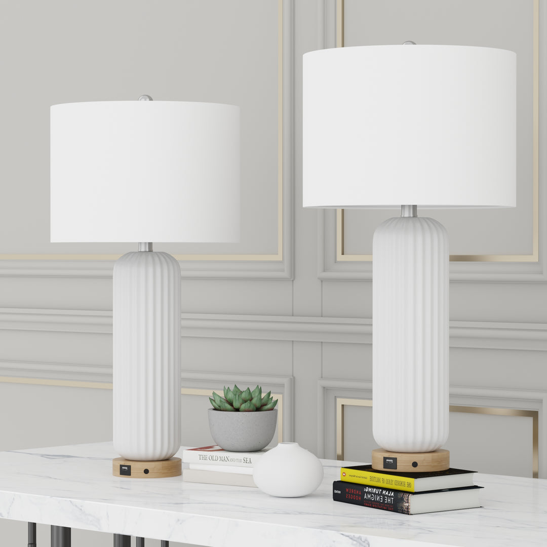 28" Modern Fluted Ceramic Table Lamp with USB Charging Port and 3-Way Dimmable Lighting for Bedroom, Living Room and Study (Set of 2) #T164