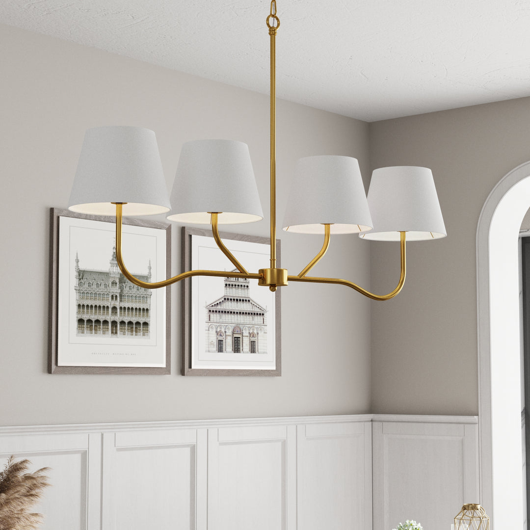 4-light Brass Finish Chandelier With White Linen Lampshades #19231