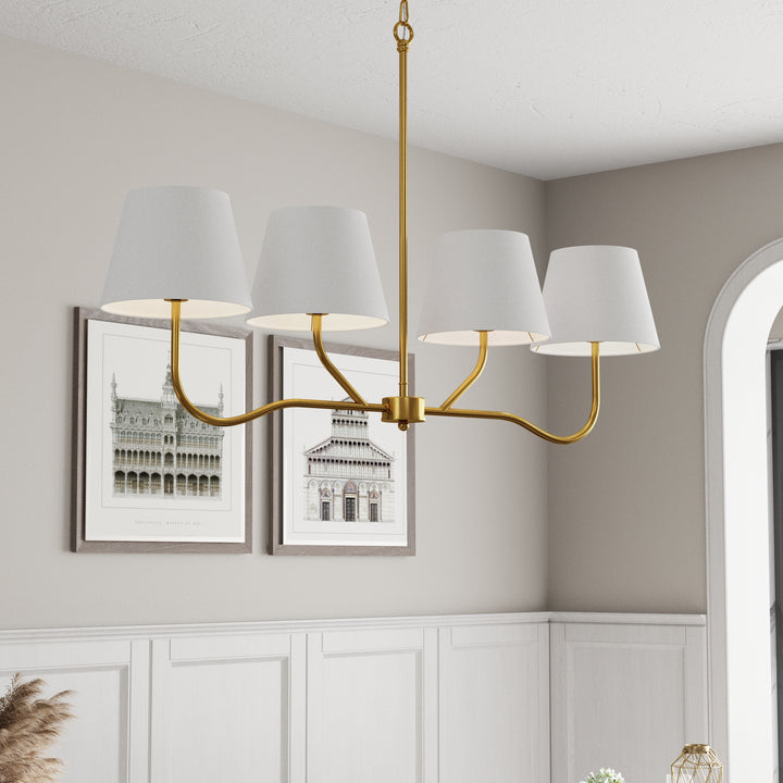 4-light Brass Finish Chandelier With White Linen Lampshades