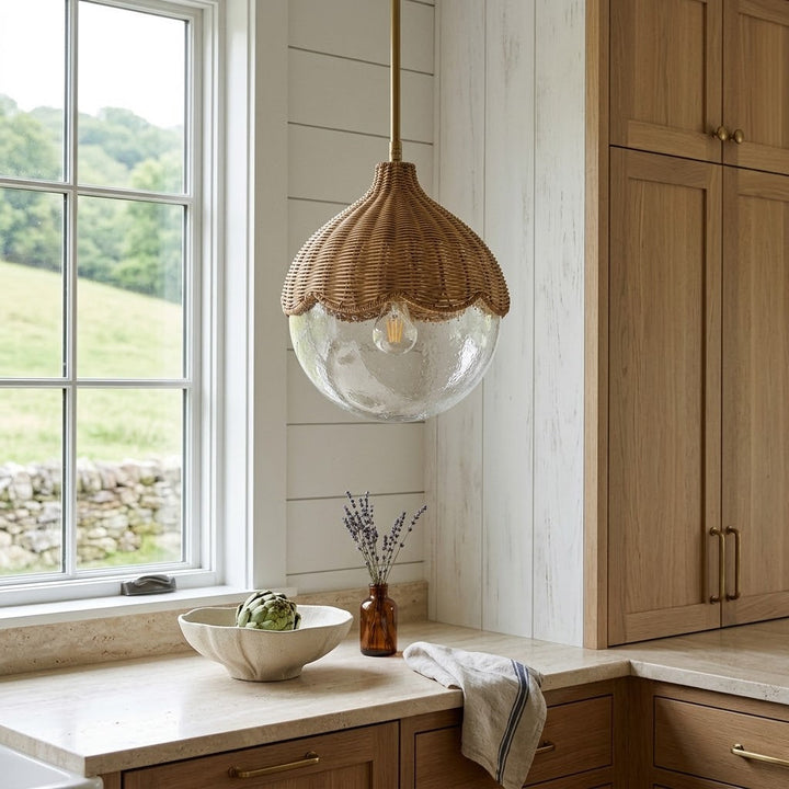 12.5" Modern Farmhouse Brass Pendant Light with Woven Glass Shade for Kitchen Island #48012