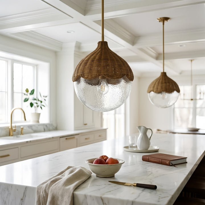 12.5" Modern Farmhouse Brass Pendant Light with Woven Glass Shade for Kitchen Island #48012