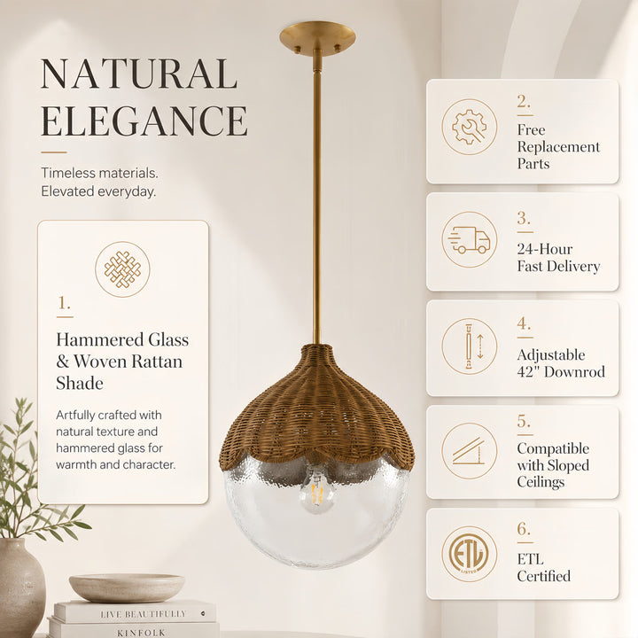 12.5" Modern Farmhouse Brass Pendant Light with Woven Glass Shade for Kitchen Island #48012