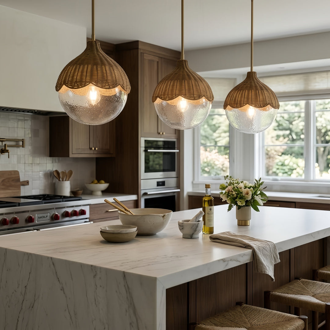 12.5" Modern Farmhouse Brass Pendant Light with Woven Glass Shade for Kitchen Island #48012