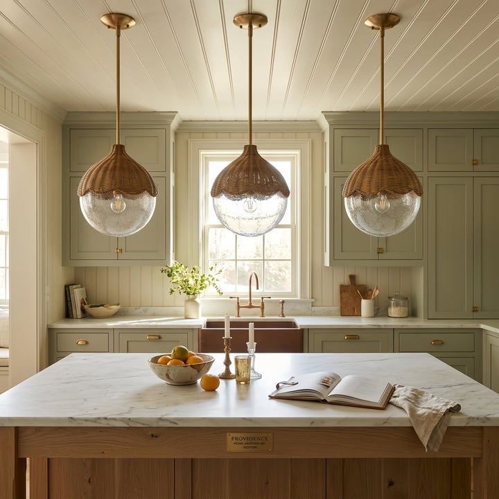 12.5" Modern Farmhouse Brass Pendant Light with Woven Glass Shade for Kitchen Island #48012