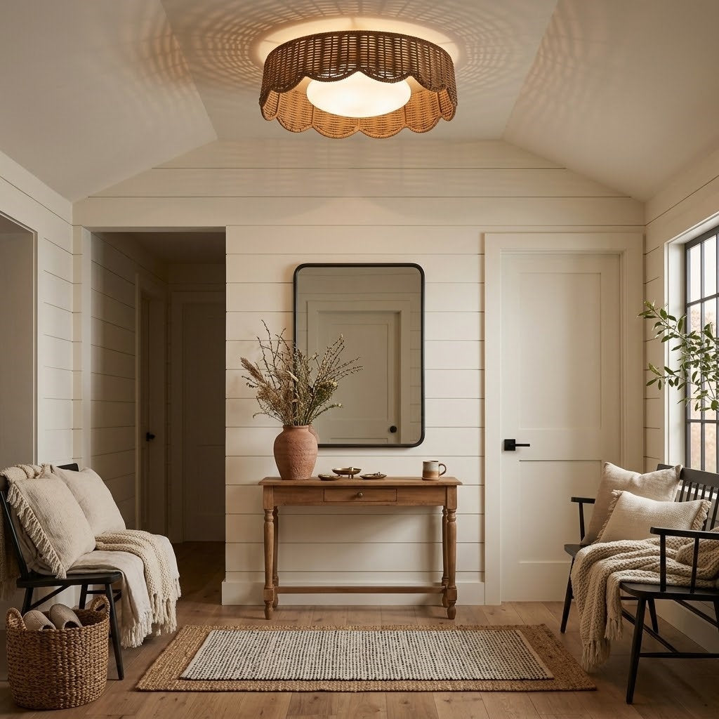 16" Boho Rattan LED Flush Mount Ceiling Light, Dimmable Polished Brass #48011