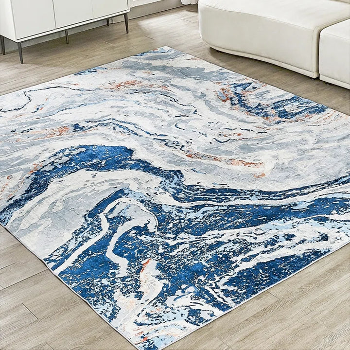 Lobello Blue Abstract Rugs Swirling Designs Machine Washable