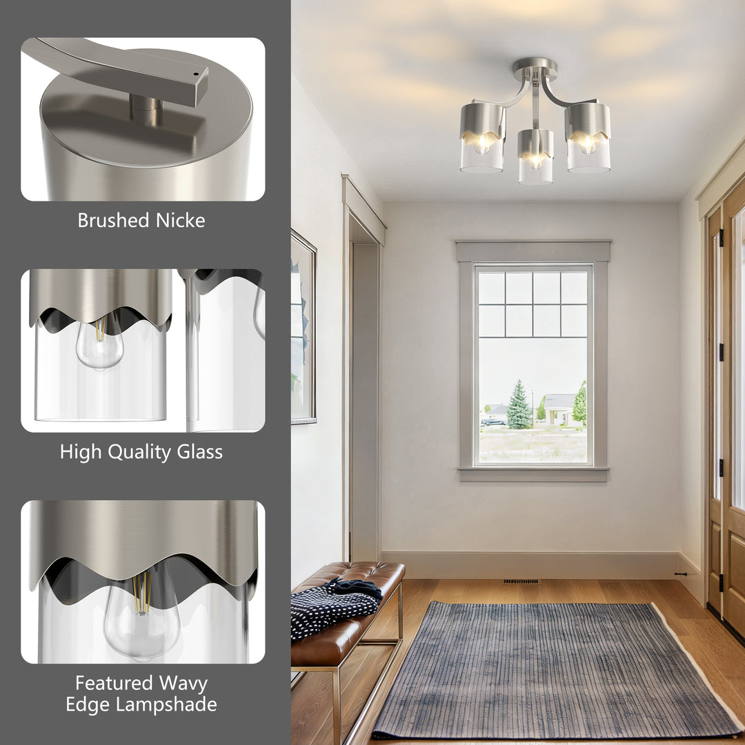 Glimmer 15.75 "- 3 Lights Modern Cluster Brushed Brass/Matte Black/Brushed Nickel Semi Flush Mount Lighting Fixture For Hallway/Laundry Room #29036