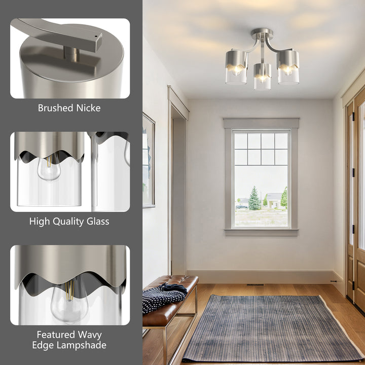 Glimmer 15.75 "- 3 Lights Modern Cluster Brushed Brass/Matte Black/Brushed Nickel Semi Flush Mount Lighting Fixture For Hallway/Laundry Room #29036