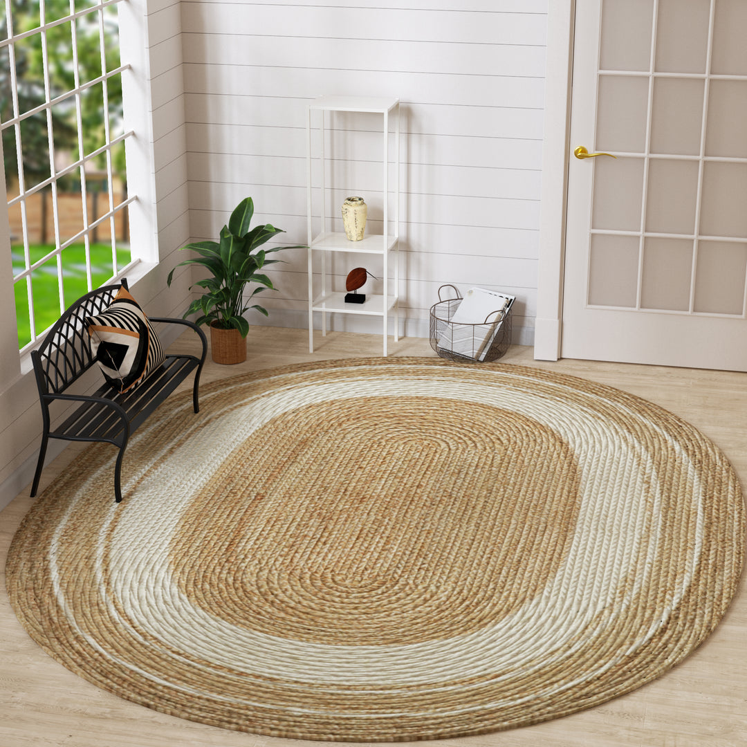 4modernhome Jute Hand Braided Zigzag Stitch Natural Fibers Farmhouse Style Area Rug For Dining Room Living Room Kitchen, Off White/Natural #DT23-5