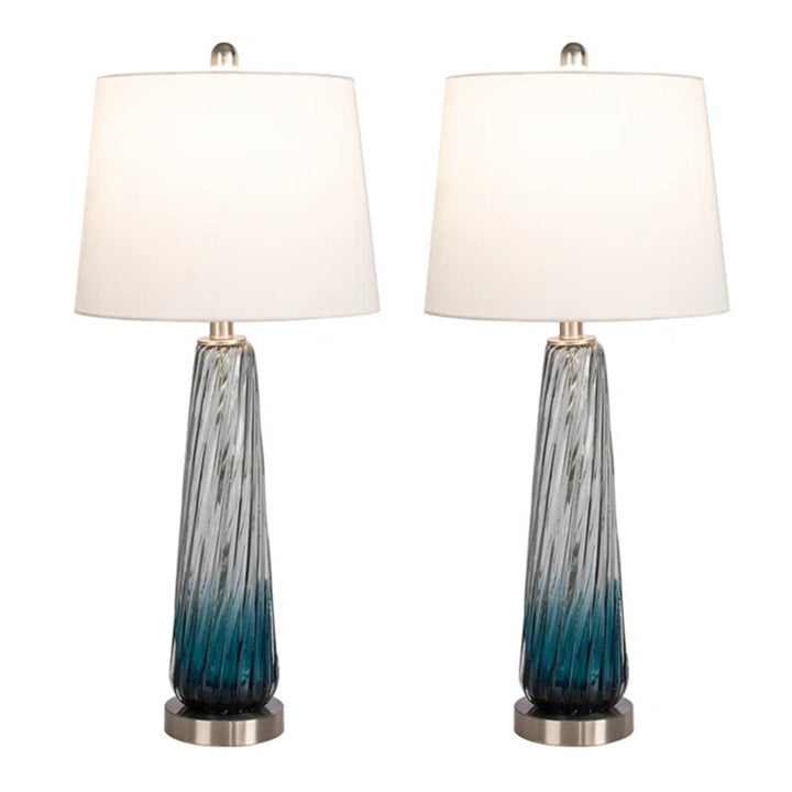 Maxax 28.75 Gradient Blue Glass Bedside Table Lamps with White Fabric Shade Set of 2 #T18