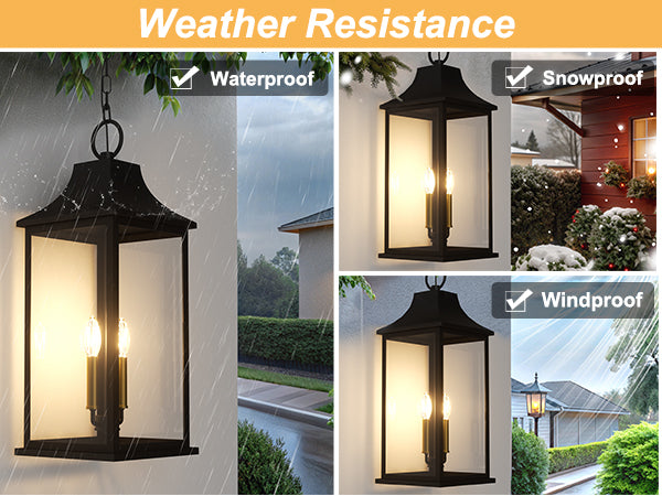 Element 2 - Light 20''H Adjustable Black and Gold Base Iron ETL Outdoor Hanging Lights with Clear Tempered Glass #7089