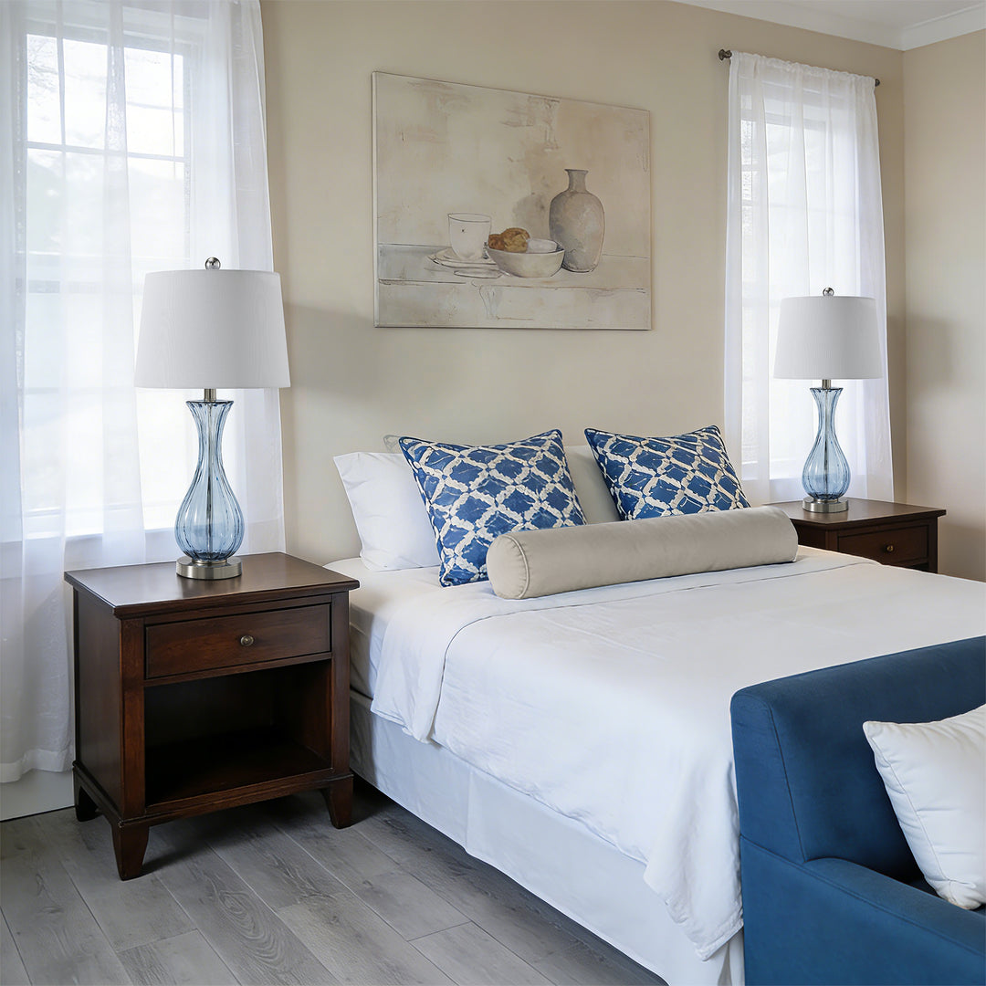 Maxax Coastal Glass Table Lamps Set of 2，Modern 25.5" Clear Glass Bedside Lamps with White Shade for Bedroom Living Room #T78