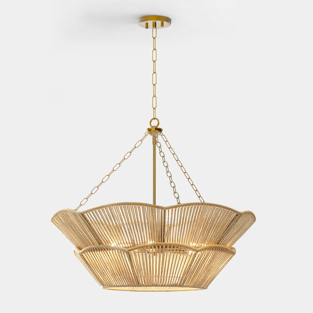 Shine 32" Polished Brass Tiered Drum Chandelier with Hand Woven Rope Shade for Dining Room & Bedroom #48010