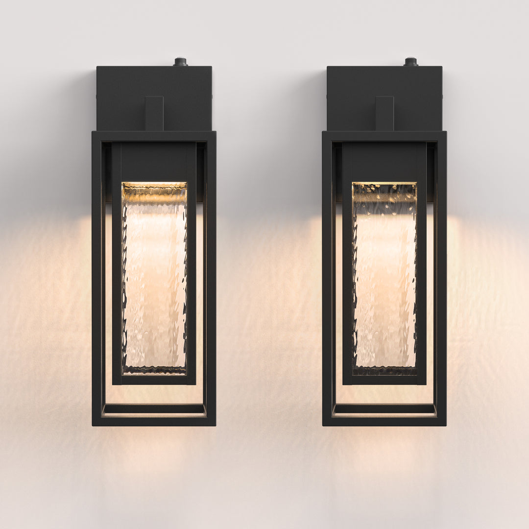 Natura 1 - Light 15''H Dimmable Led Black Iron And Water Ripple Glass Outdoor Wall Light With Dusk To Dawn #7061