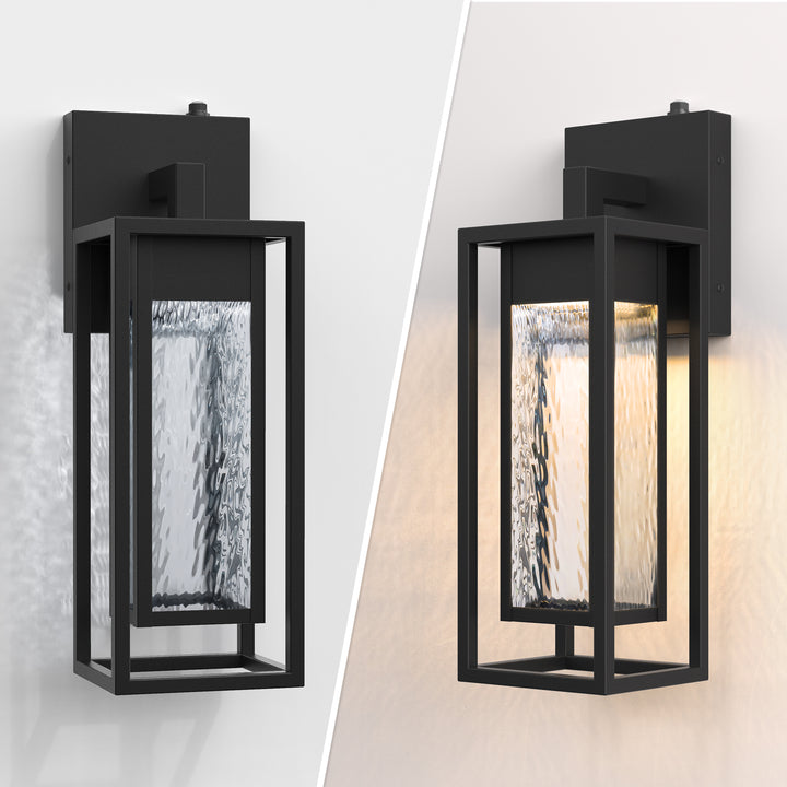 1 - Light 15''H Dimmable Led Black Iron And Water Ripple Glass Outdoor Wall Light With Dusk To Dawn #7061