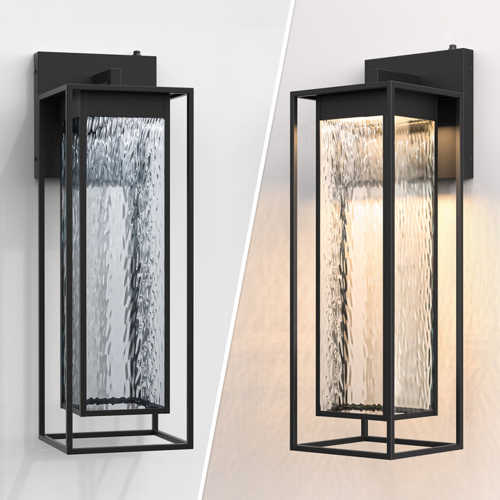1 - Light 15''H Dimmable Led Black Iron And Water Ripple Glass Outdoor Wall Light With Dusk To Dawn #7061
