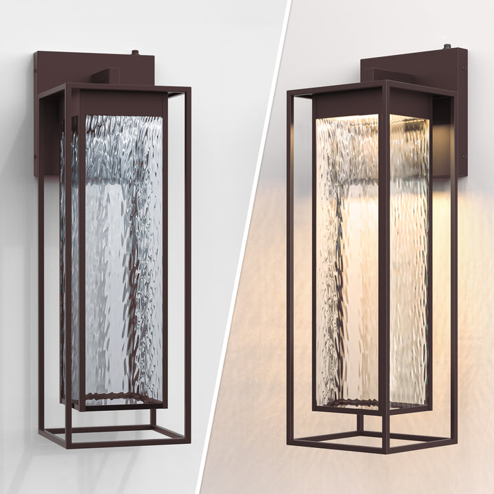 Natura 1 - Light 15''H Dimmable Led Black Iron And Water Ripple Glass Outdoor Wall Light With Dusk To Dawn #7061