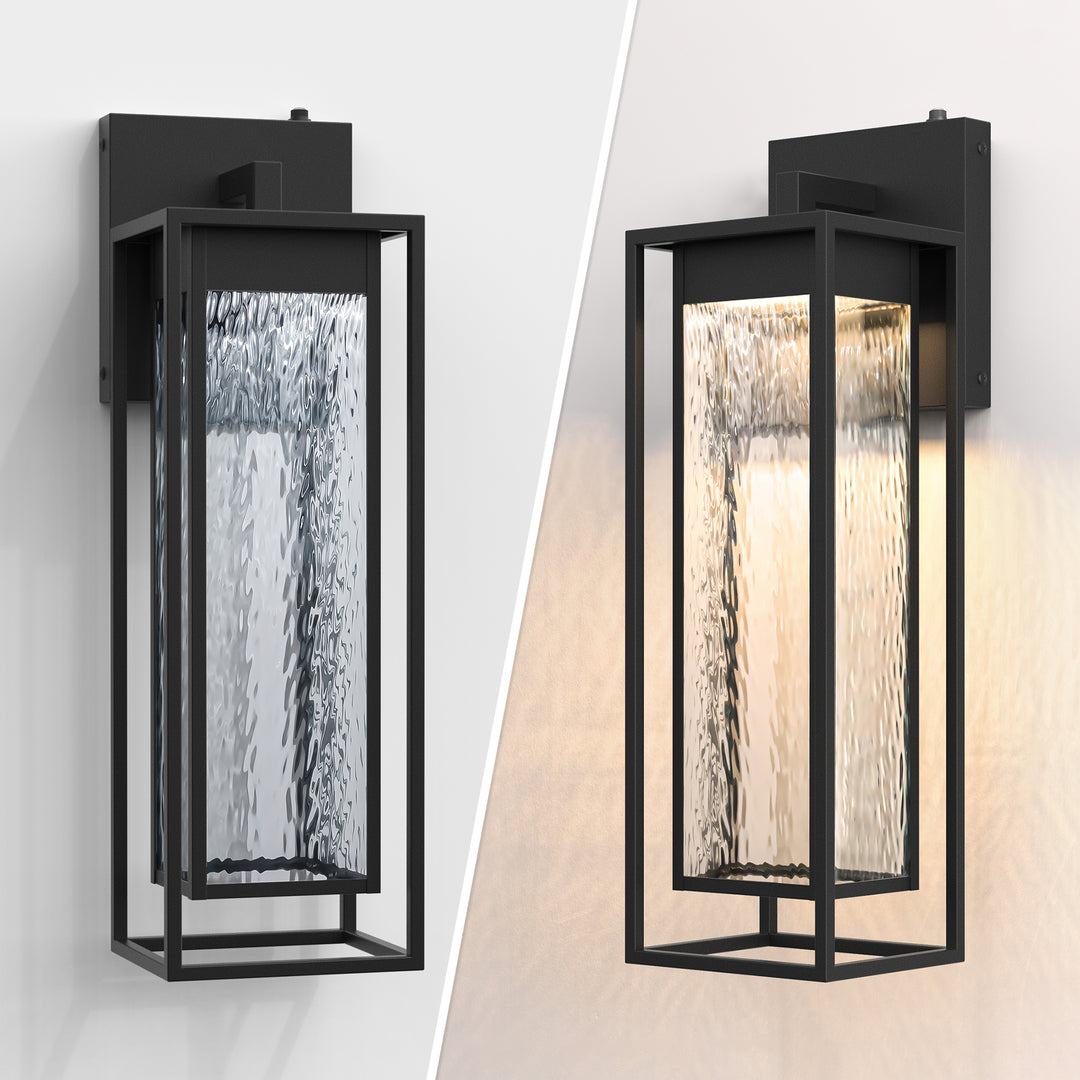 1 - Light 15''H Dimmable Led Black Iron And Water Ripple Glass Outdoor Wall Light With Dusk To Dawn #7061
