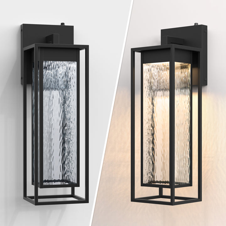 1 - Light 15''H Dimmable Led Black Iron And Water Ripple Glass Outdoor Wall Light With Dusk To Dawn #7061