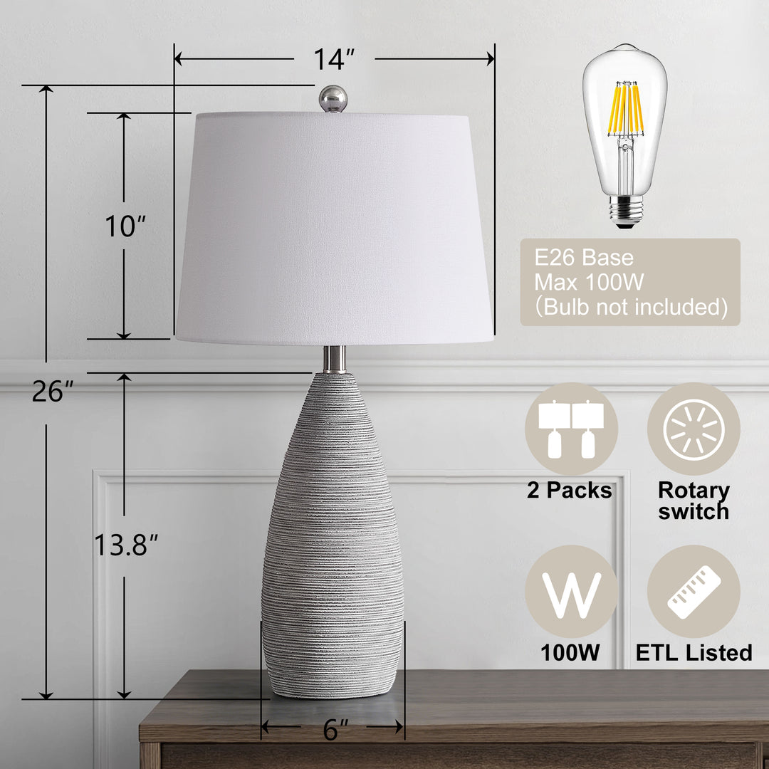 Shimmer 26.5" Farmhouse Traditional Resin Table Lamp, Assembled Linen Shade And Rotary Switch Bedside Lamps For Bedroom And Living Room (Set of 2) #T276