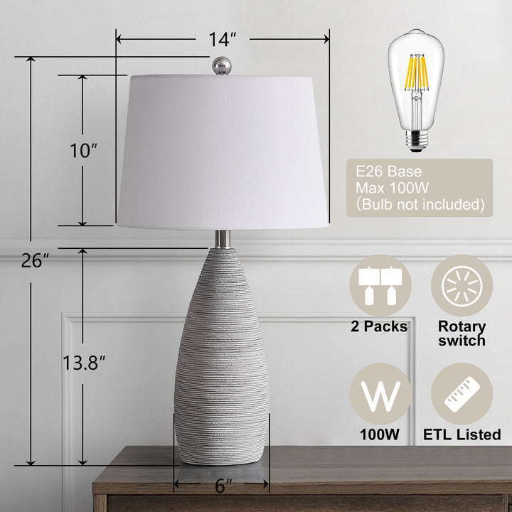 Shimmer 26.5" Farmhouse Traditional Resin Table Lamp, Assembled Linen Shade And Rotary Switch Bedside Lamps For Bedroom And Living Room (Set of 2) #T276