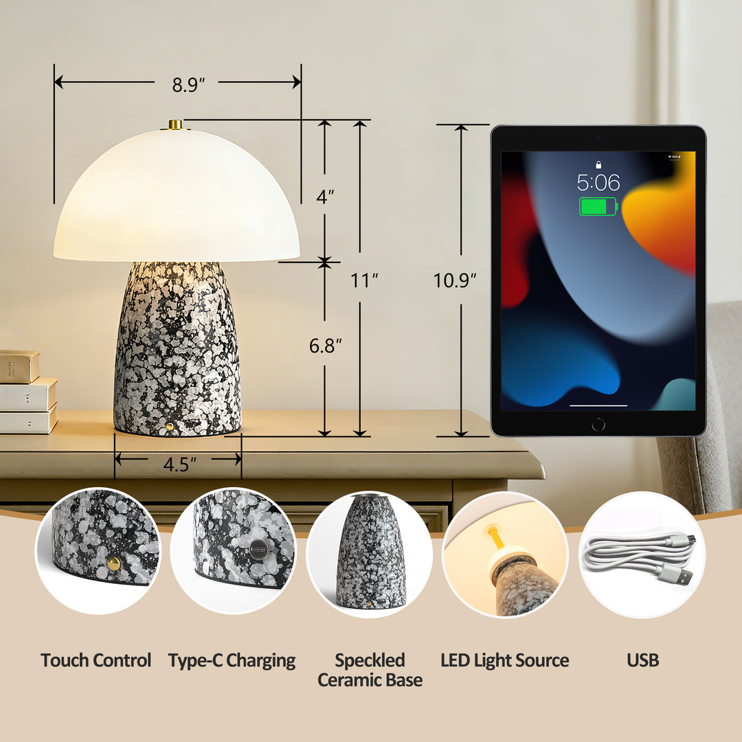 Pulsar 11" Modern Rechargeable Touch Control Desk Lamp, Portable Wireless Ceramic Led Lamp With Milky White Glass Shade, Three-Level Dimming, Suitable For Bedrooms, Living Rooms, Terraces And Outdoors #T281
