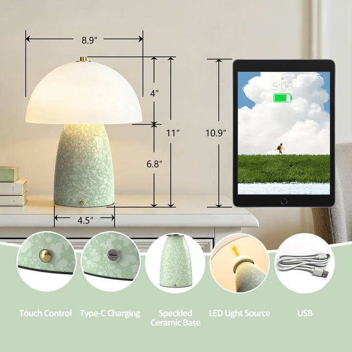 Pulsar 11" Modern Rechargeable Touch Control Desk Lamp, Portable Wireless Ceramic Led Lamp With Milky White Glass Shade, Three-Level Dimming, Suitable For Bedrooms, Living Rooms, Terraces And Outdoors #T281