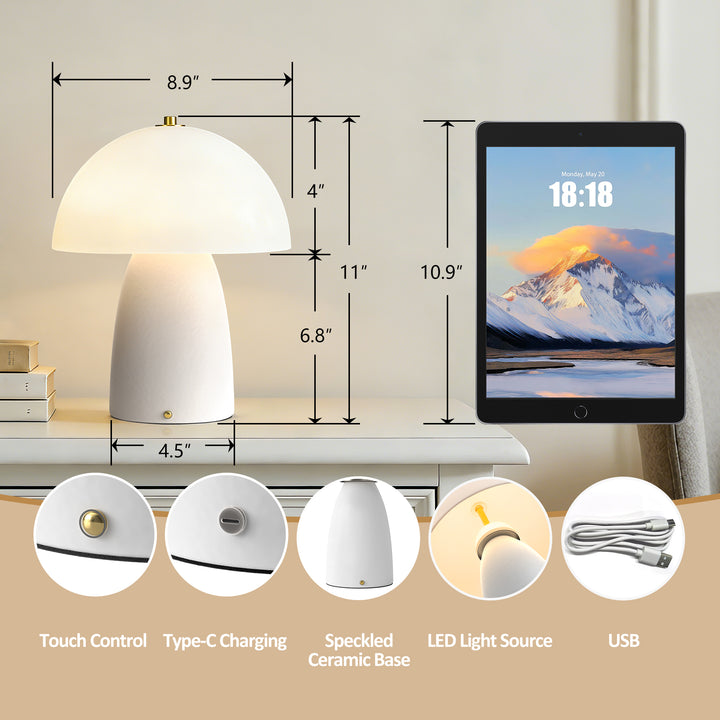 Pulsar 11" Modern Rechargeable Touch Control Desk Lamp, Portable Wireless Ceramic Led Lamp With Milky White Glass Shade, Three-Level Dimming, Suitable For Bedrooms, Living Rooms, Terraces And Outdoors #T281