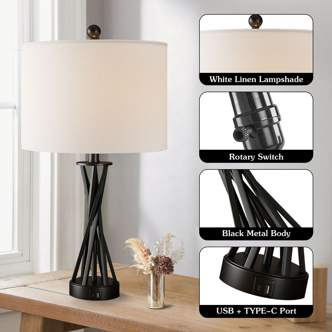 24'' Black Modern Metal Table Lamp With USB Ports #T257