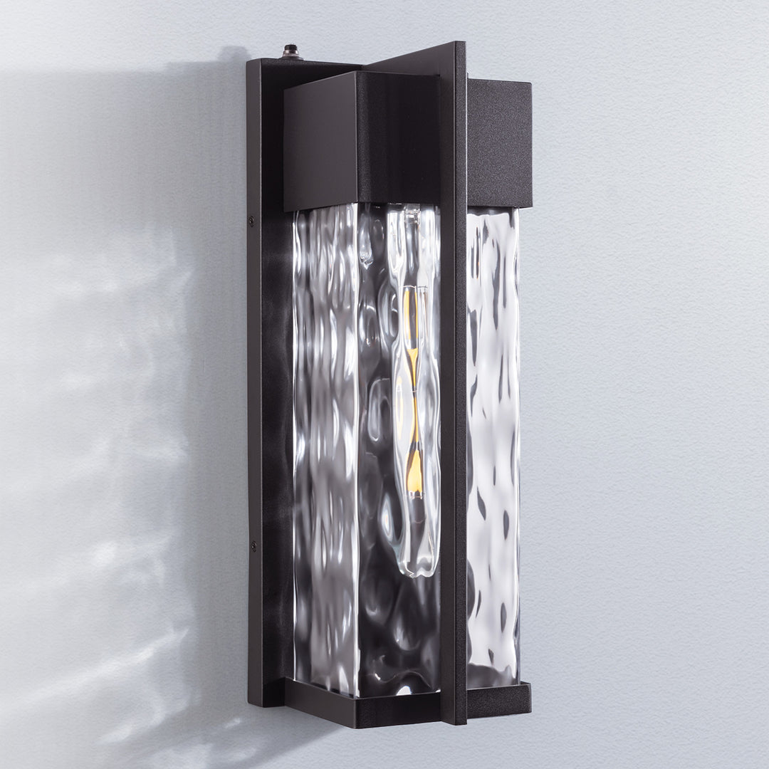 Natura 1 - Light(Bulb Include) 𝟭𝟴-𝗜𝗡𝗖𝗛 Matte Black Iron and Water Ripple Glass Outdoor Wall Light with Dusk to Dawn #7062