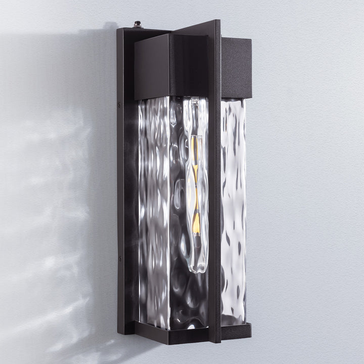 Natura 1 - Light(Bulb Include) 𝟭𝟴-𝗜𝗡𝗖𝗛 Matte Black Iron and Water Ripple Glass Outdoor Wall Light with Dusk to Dawn #7062