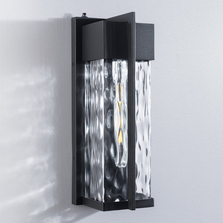 Solstice 1 - Light(Bulb Include) 𝟭𝟴-𝗜𝗡𝗖𝗛 Matte Black Iron and Water Ripple Glass Outdoor Wall Light with Dusk to Dawn #7062
