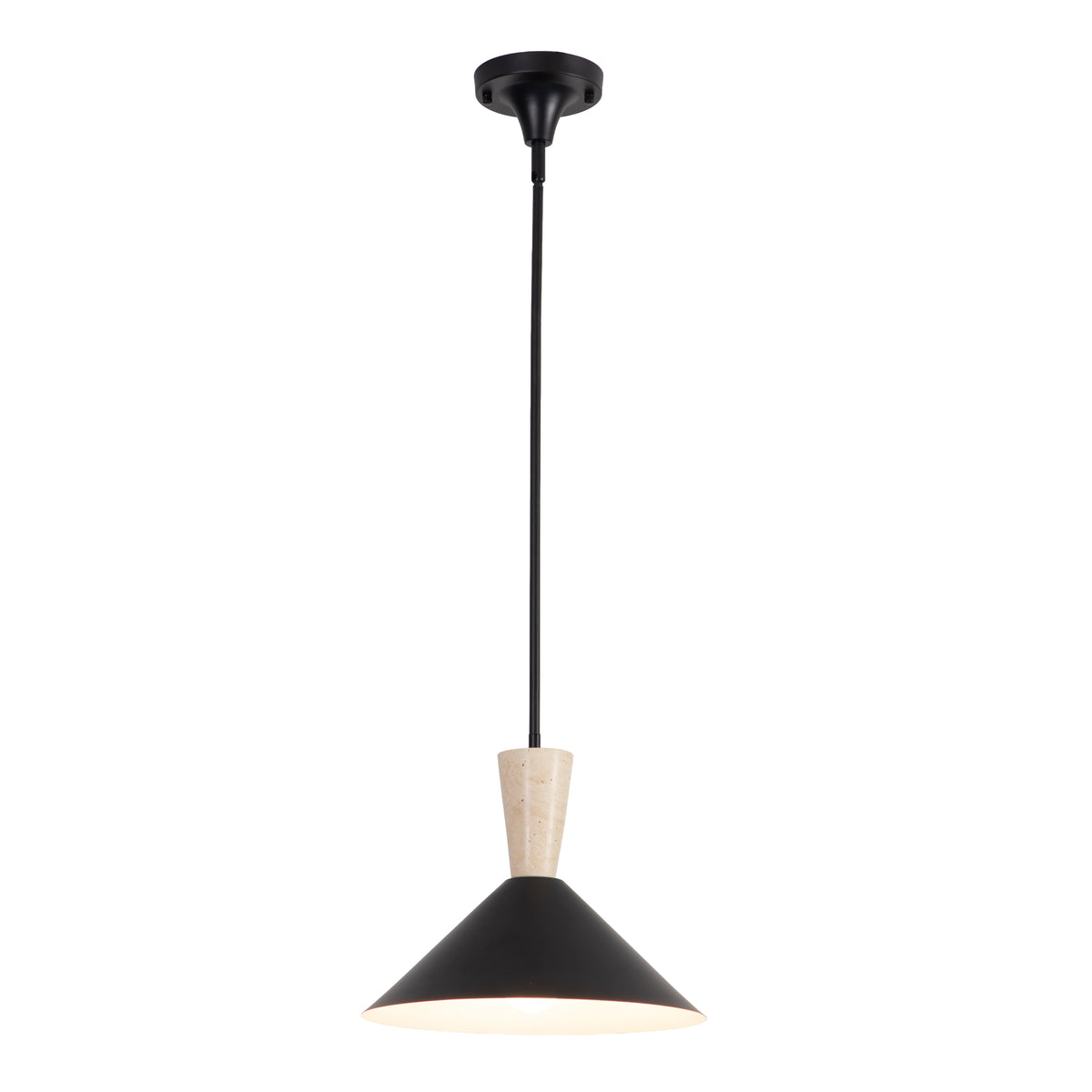 1-Light 13.8"W Black Metal Modern Cone Pendant With Marble Decoration For Kitchen Island Or Dining Room #19236