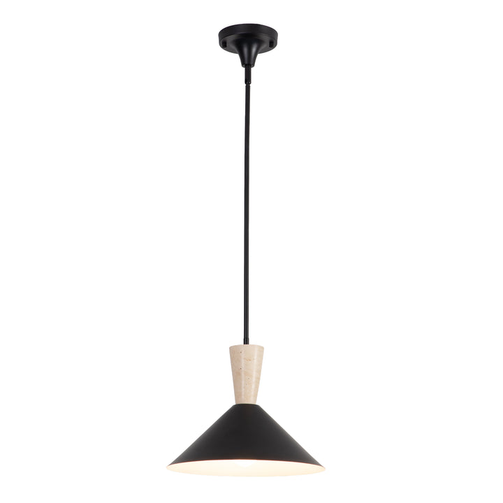 1-Light 13.8"W Black Metal Modern Cone Pendant With Marble Decoration For Kitchen Island Or Dining Room #19236