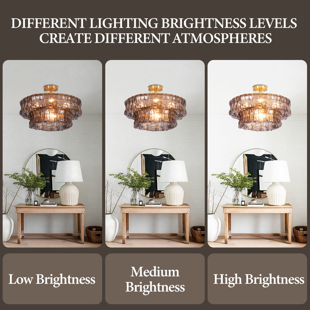 Lumen 20" 6-Light Brushed Brass Double-Layer Clear Artistic Glass Unique / Statement Semi-Flush Mount For Living Room/Bedroom #19235