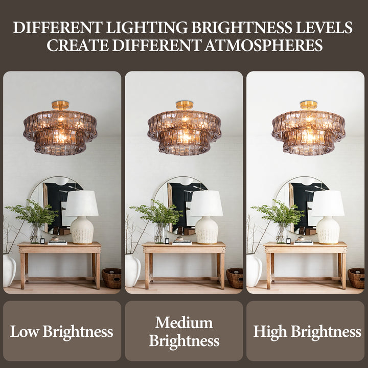 Lumen 20" 6-Light Brushed Brass Double-Layer Clear Artistic Glass Unique / Statement Semi-Flush Mount For Living Room/Bedroom #19235