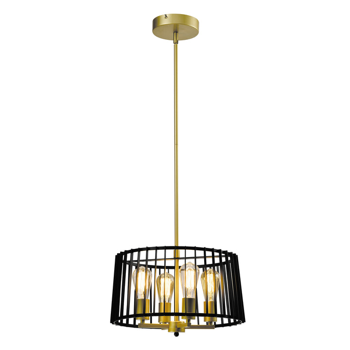 MAXAX 4 - Light Lantern&Candle Style Drum Black/Gold Pendant With Wrought Iron Accents#MX2034-P4BG