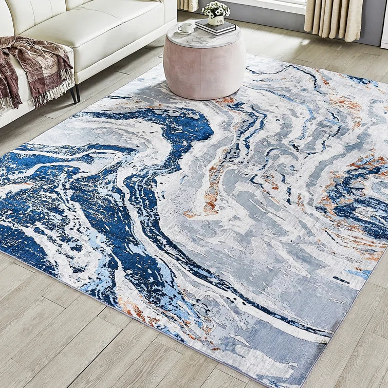 Lobello Blue Abstract Rugs Swirling Designs Machine Washable