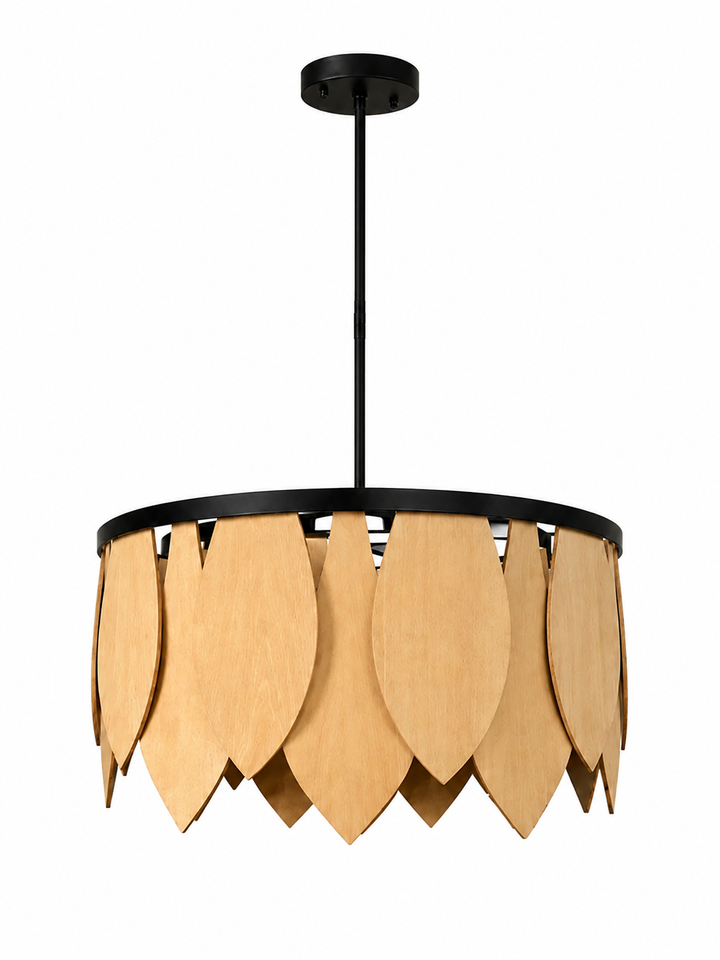 28" Wide Natural Wood Drum Chandelier with Matte Black Finish for Dining Room & Bedroom #53009