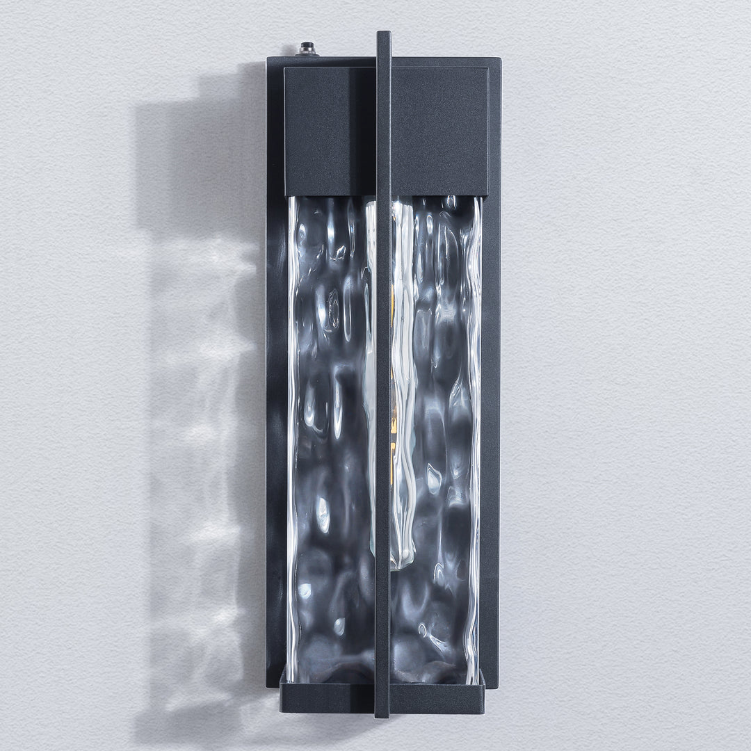 Solstice 1 - Light(Bulb Include) 𝟭𝟴-𝗜𝗡𝗖𝗛 Matte Black Iron and Water Ripple Glass Outdoor Wall Light with Dusk to Dawn #7062