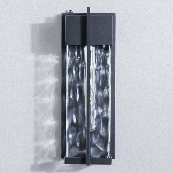 Solstice 1 - Light(Bulb Include) 𝟭𝟴-𝗜𝗡𝗖𝗛 Matte Black Iron and Water Ripple Glass Outdoor Wall Light with Dusk to Dawn #7062