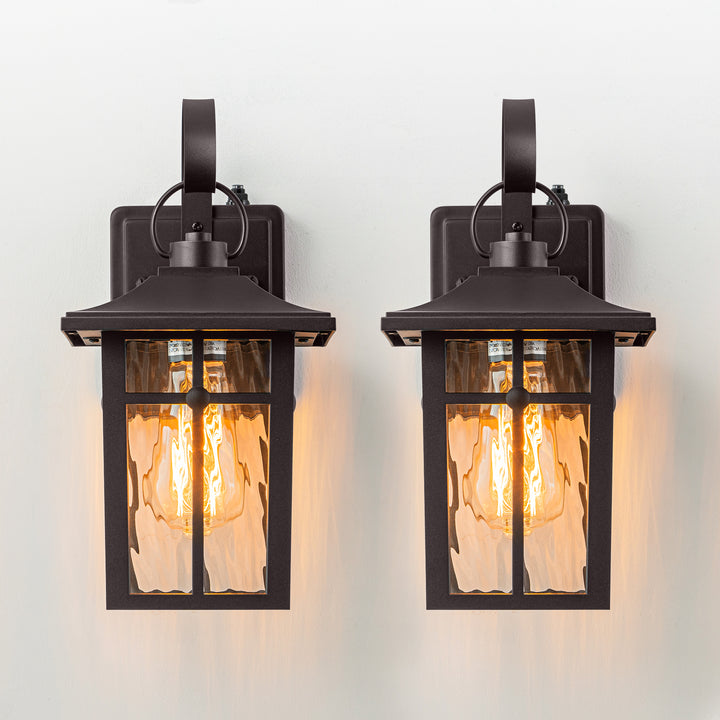 Maxax 2 Pack Dusk to Dawn Outdoor Wall Lights, Exterior Light Fixtures Wall Mount with Ripple Glass, Waterproof Black Porch Lights, Outside Wall Lantern for Entryway, Garage, Patio #MX7003