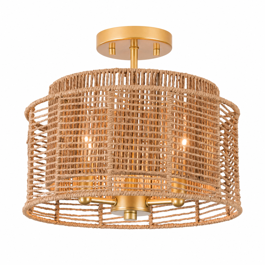 13''-3 Lights Brushed Gold Boho/Natural Farmhouse Paper Rope Unique / Statement Dimmabled ETL Semi-Flush Mount For Bedroom/Bedroom/Hallways/Entryway #P53002