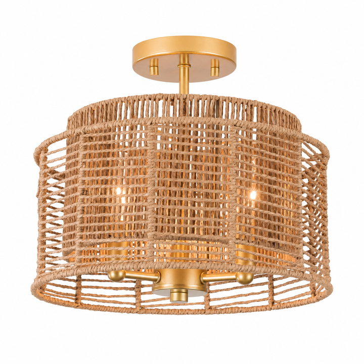 13''-3 Lights Brushed Gold Boho/Natural Farmhouse Paper Rope Unique / Statement Dimmabled ETL Semi-Flush Mount For Bedroom/Bedroom/Hallways/Entryway #P53002