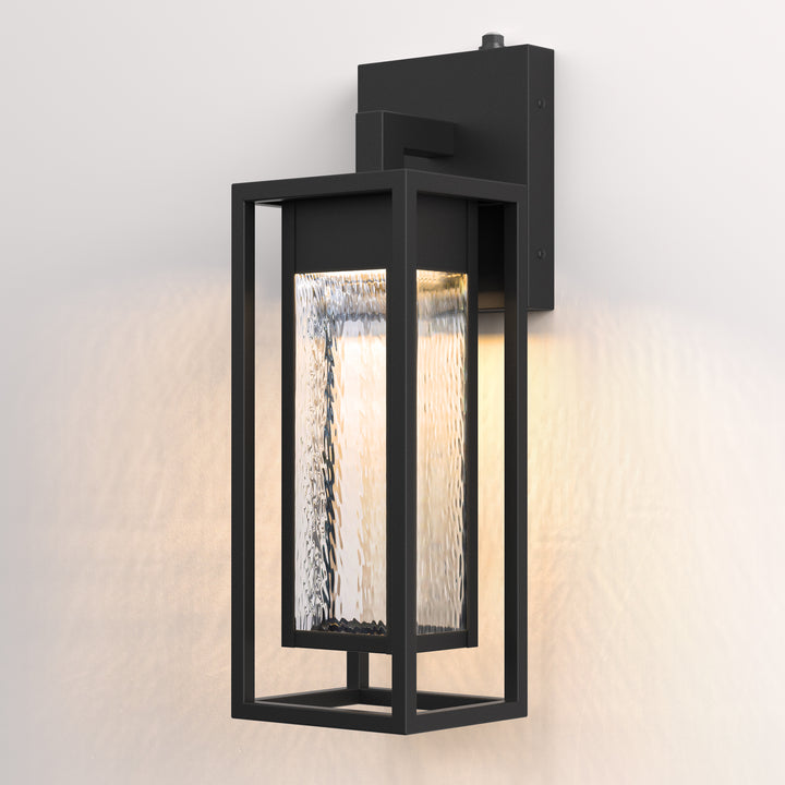 1 - Light 15''H Dimmable Led Black Iron And Water Ripple Glass Outdoor Wall Light With Dusk To Dawn #7061