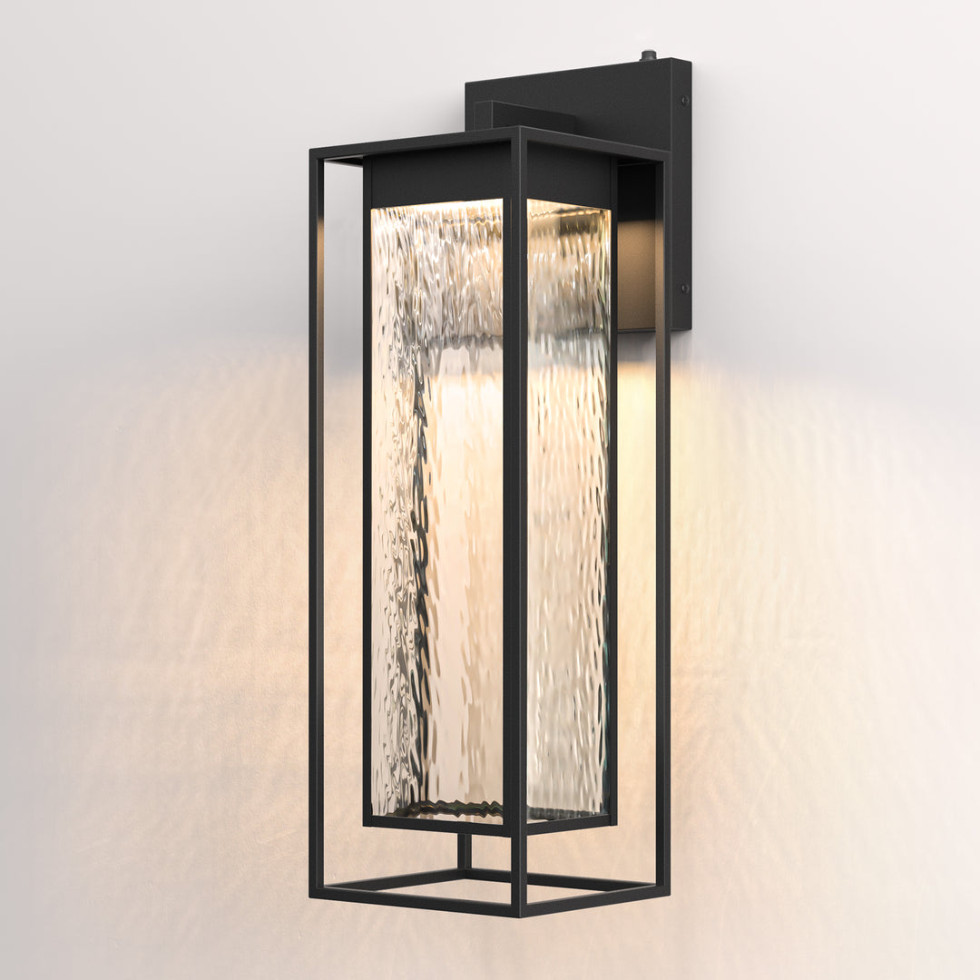 1 - Light 15''H Dimmable Led Black Iron And Water Ripple Glass Outdoor Wall Light With Dusk To Dawn #7061